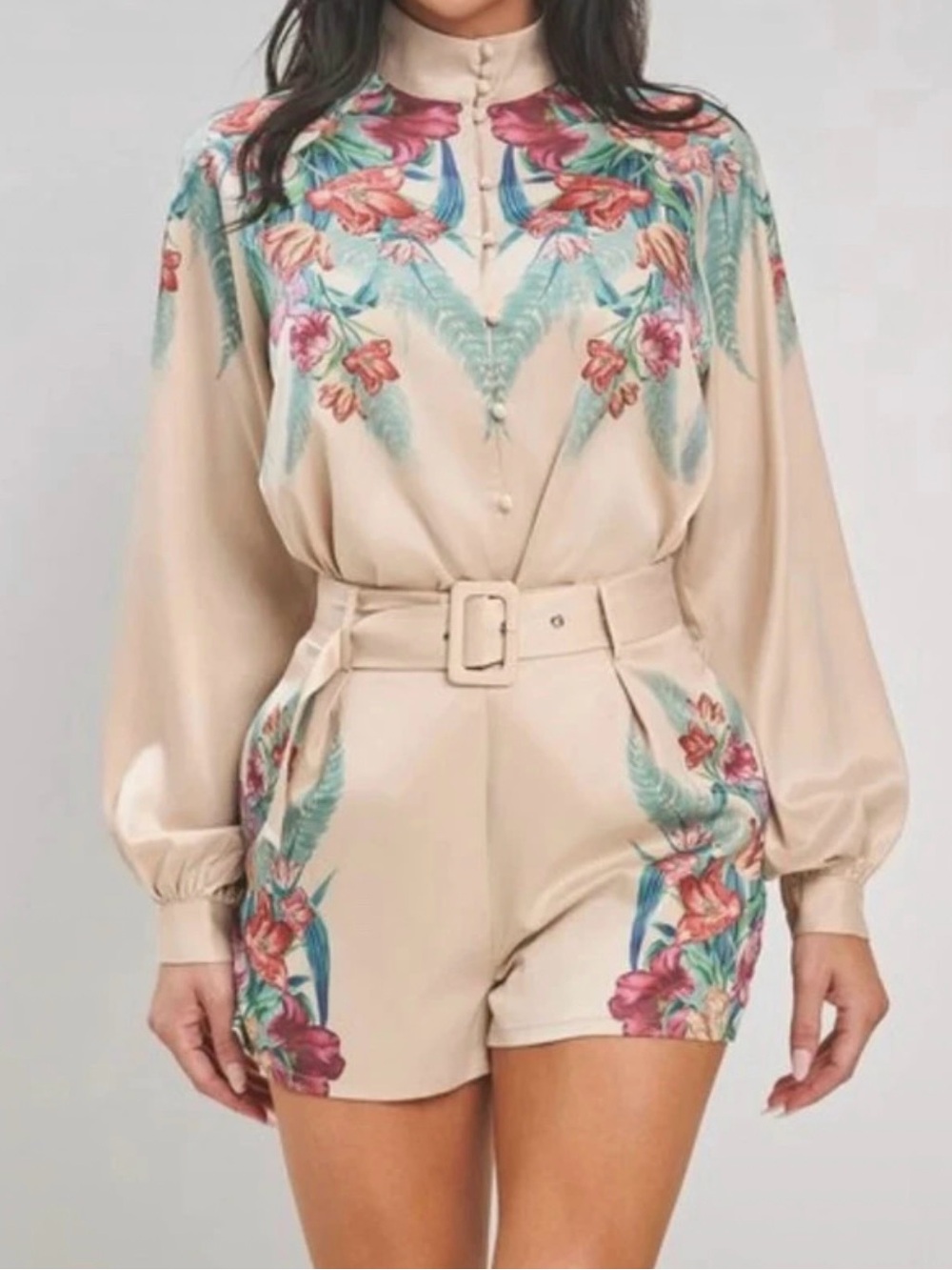 Floral Print Belted set pant and blouse in Beige
